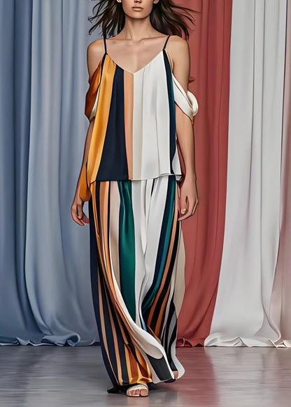 French Cold Shoulder Striped Silk Tops and Pants Set Sleeveless
