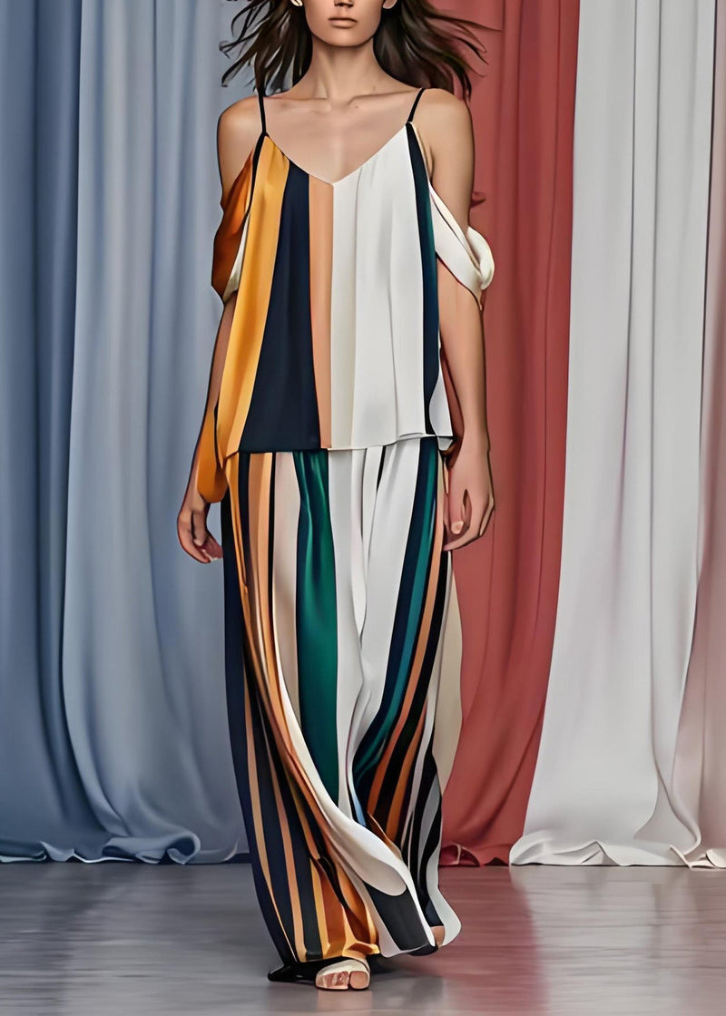 French Cold Shoulder Striped Silk Tops and Pants Set Sleeveless