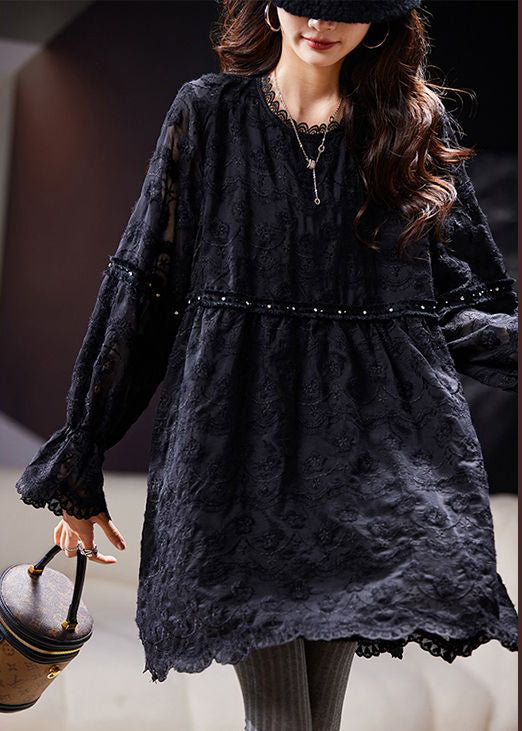 Loose White Embroideried Nail Bead Lace Mid Dress Spring