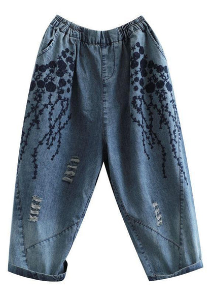 Blue Embroidered Summer Denim Pants