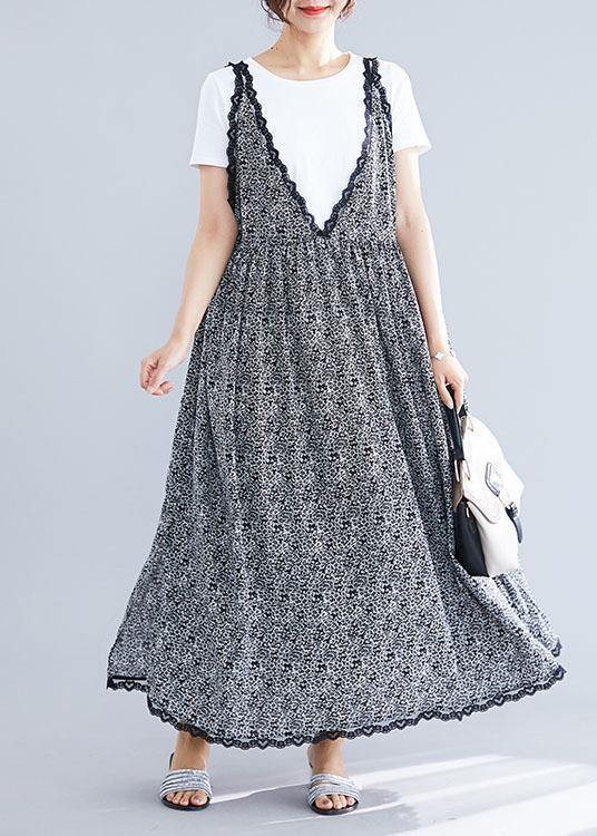 100% Black V Neck Chiffon Quilting Dresses Lace Ruffles Maxi Summer Dress