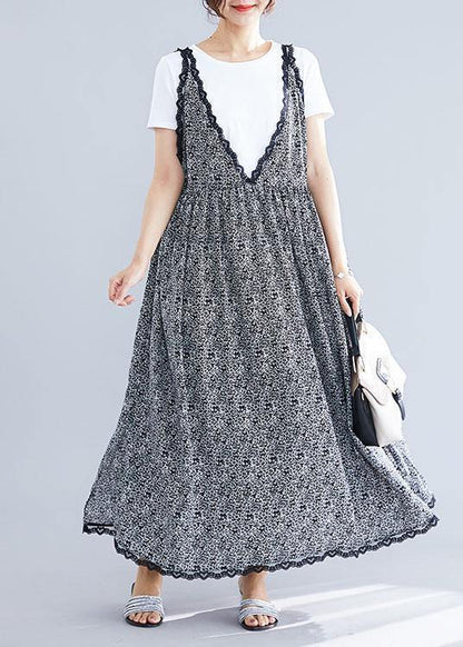 100% Black V Neck Chiffon Quilting Dresses Lace Ruffles Maxi Summer Dress