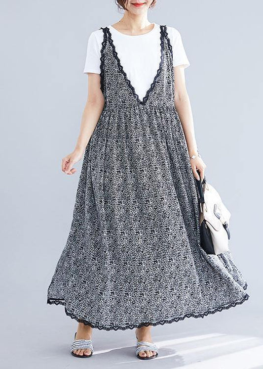 100% Black V Neck Chiffon Quilting Dresses Lace Ruffles Maxi Summer Dress
