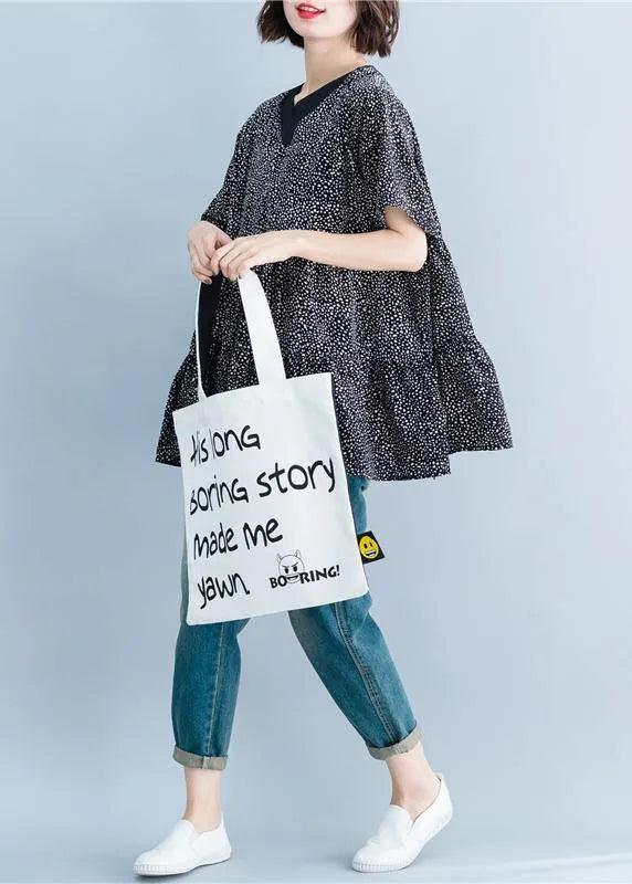 Italian Black Dotted Blouse V Neck Art Summer Shirt