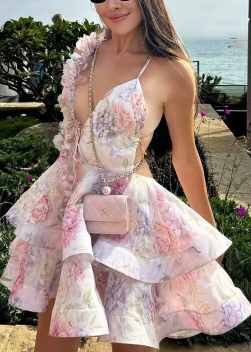 Pink Backless Lace Up Cotton Mid Dress Summer