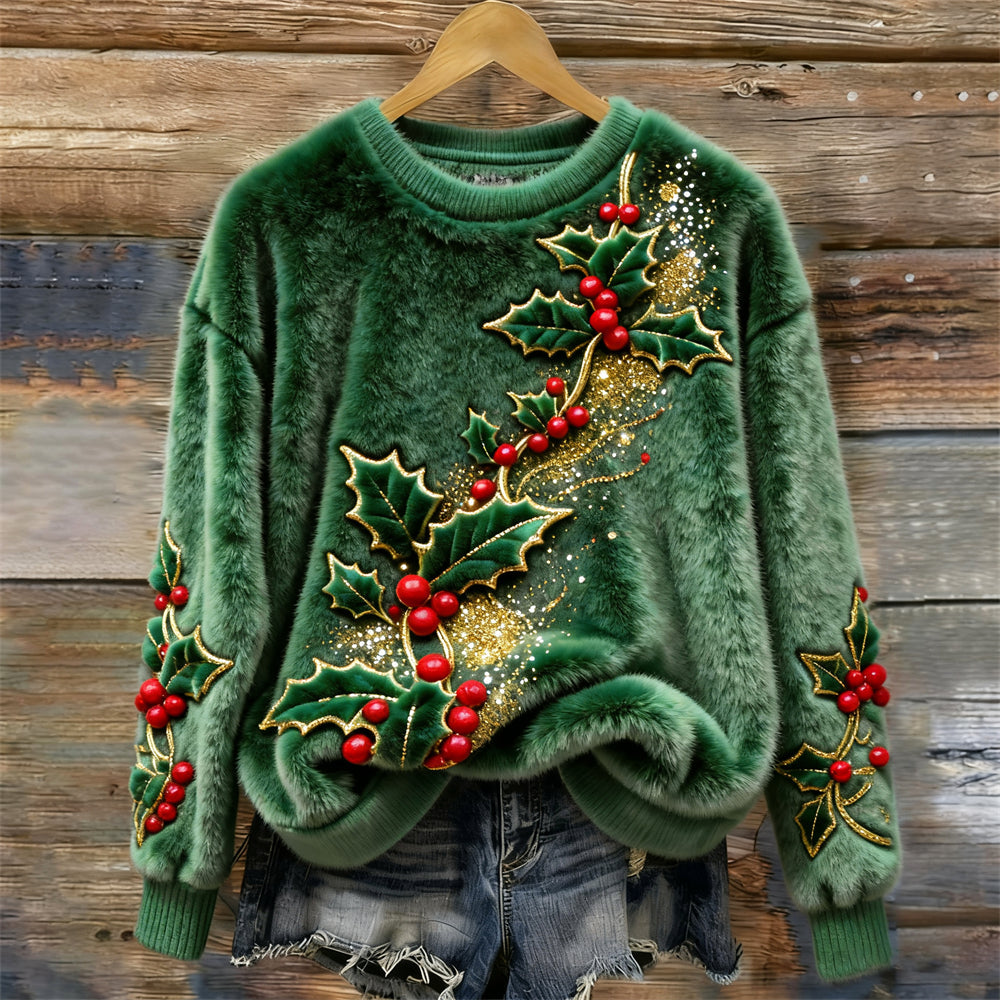 Christmas Holly Embroidered Art Women's Cozy Plush Sweater artswardrobe