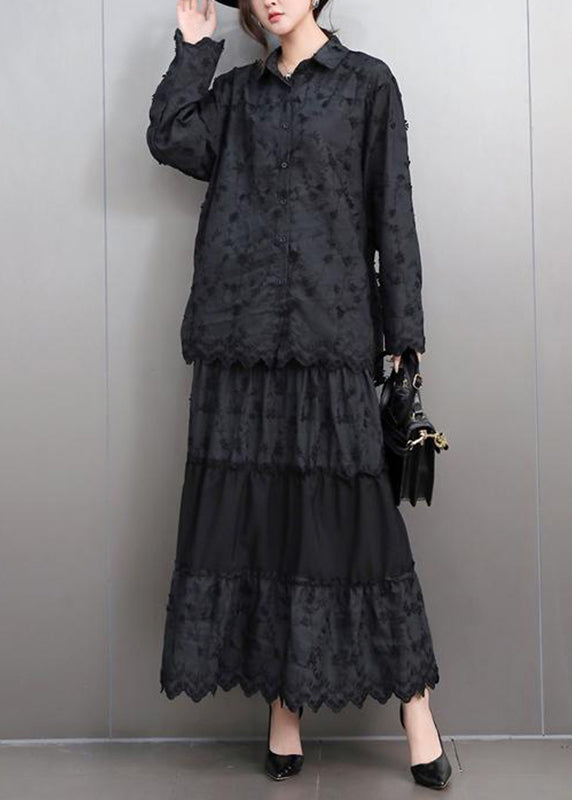 Black Lace Top and Maxi Skirts Two Pieces Set Peter Pan Collar Fall