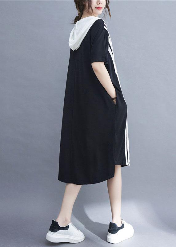 French Black Patchwork Striped Low High Design Ankle Dress Summer