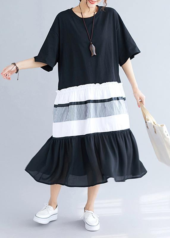 Black Patchwork Cotton Tunics for O Neck Long Summer Dress