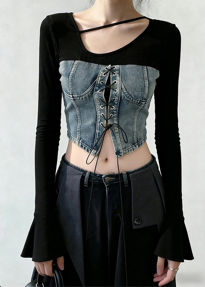 Blue Lace Up Patchwork Denim T Shirts Flare Sleeve