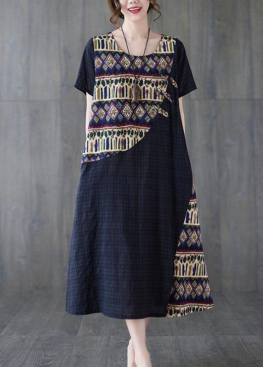 Diy Blue O-neck Asymmetrical Design Summer Cotton Dress