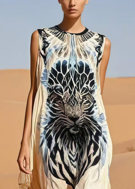 Beige Oversized Tiger Print Cotton Day Dress Sleeveless