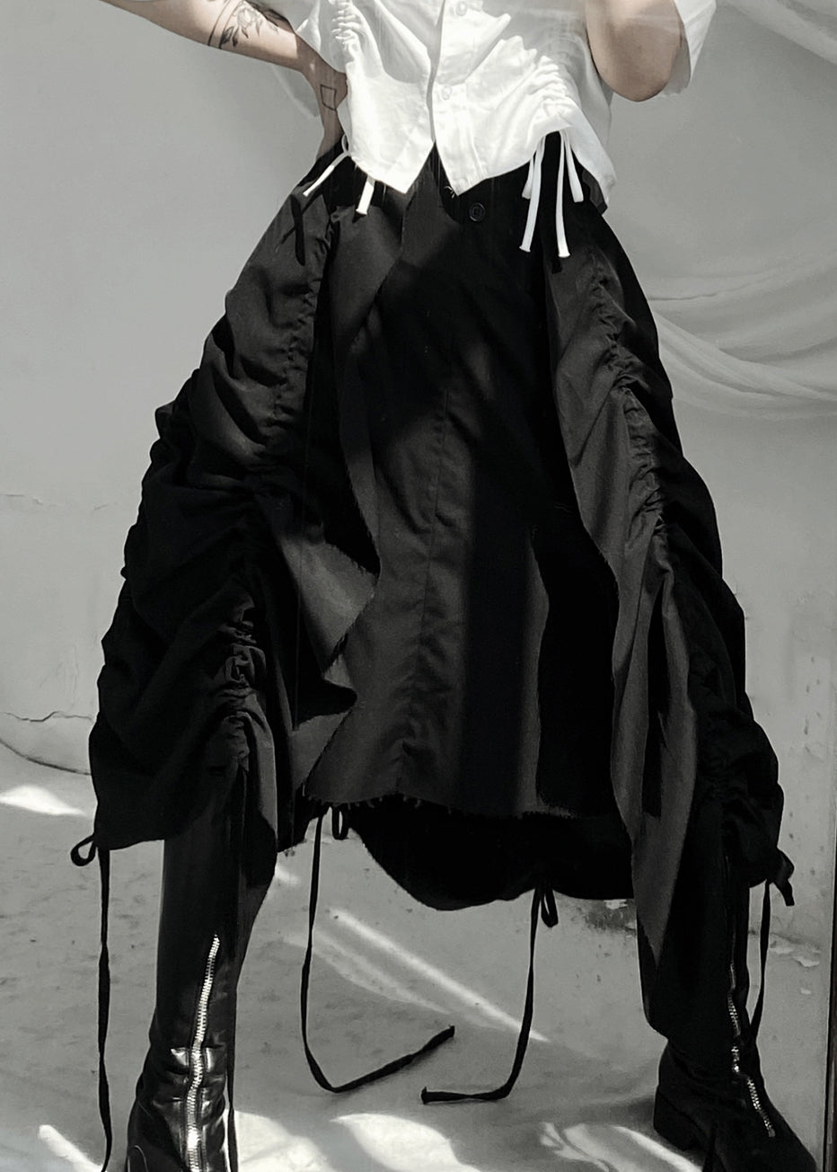 Black Asymmetrical Drawstring Low High Design Skirts Fall