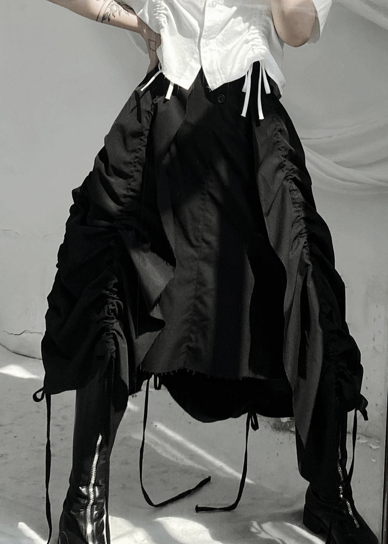 Black Asymmetrical Drawstring Low High Design Skirts Fall