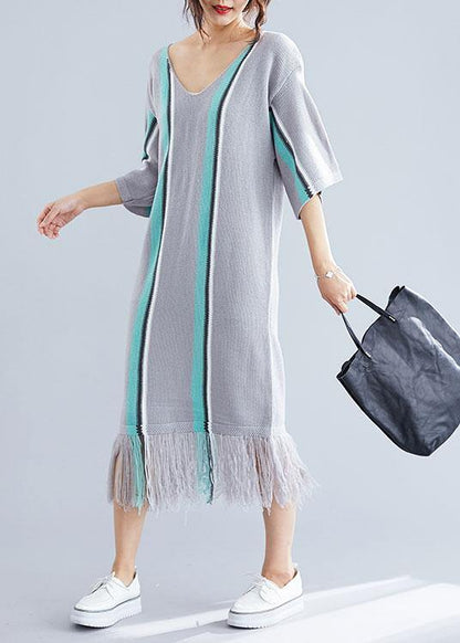 100% Gray Tassel Cotton Tunic V Neck Loose Dresses