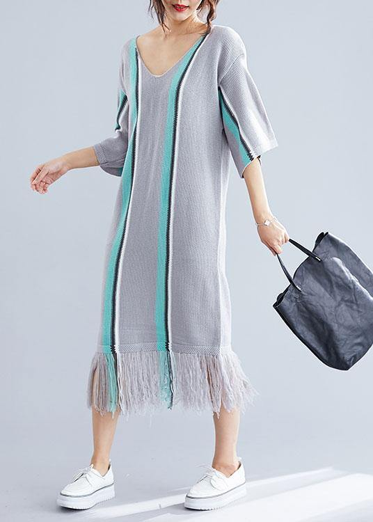 100% Gray Tassel Cotton Tunic V Neck Loose Dresses