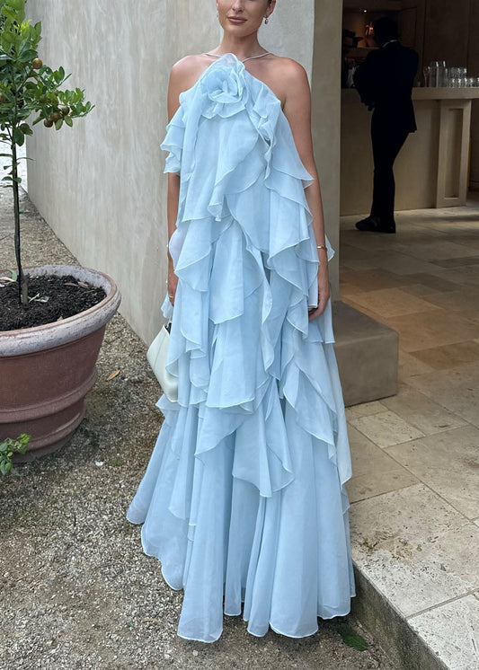 Blue Ruffled Asymmetrical Design Chiffon Spaghetti Strap Dress Summer