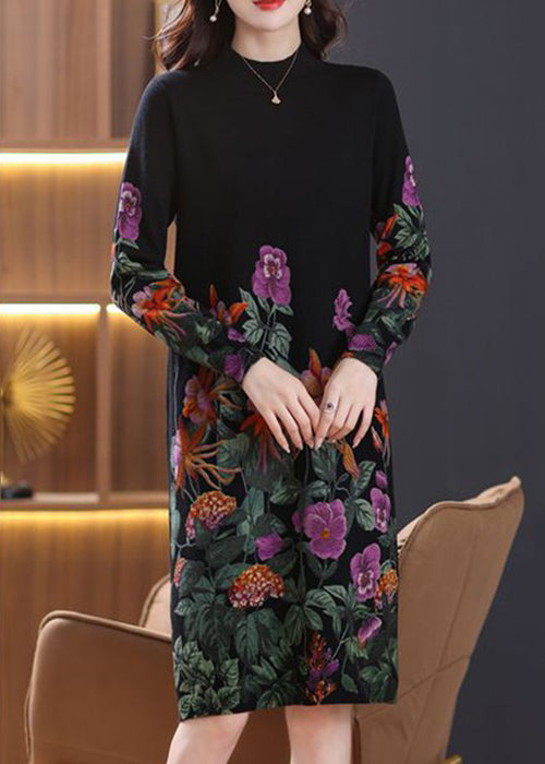 Black Turtleneck Print Wool Knit Dress Long Sleeve