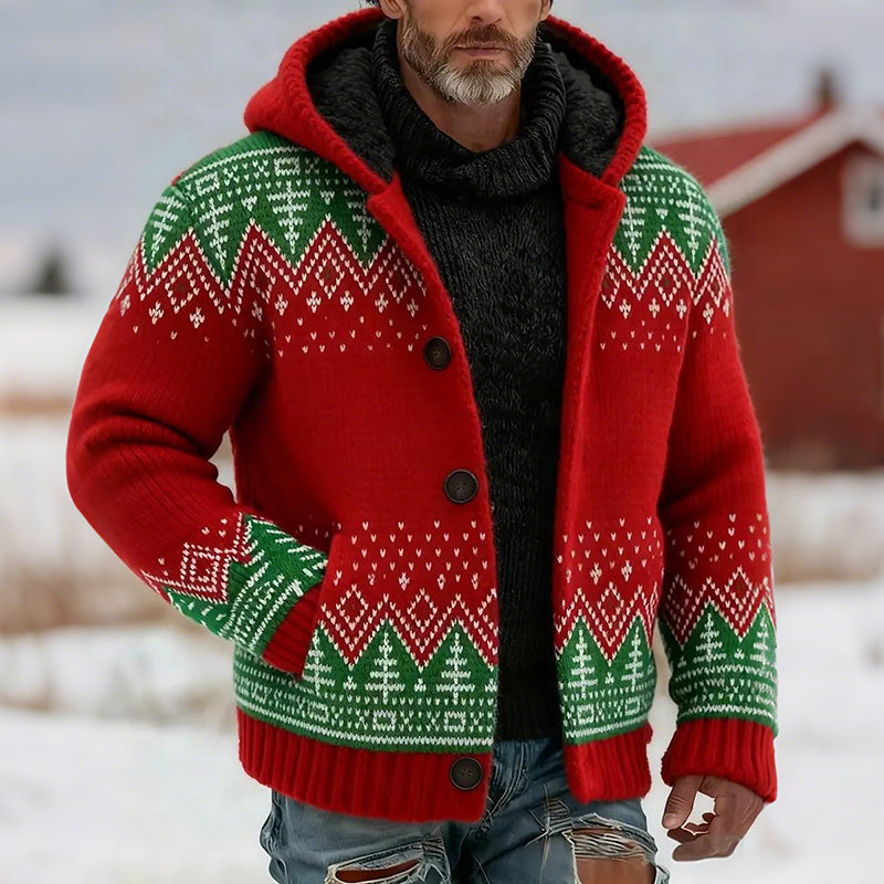 Comstylish Men's Vintage Christmas Knit Jacquard Button Hooded Sweater