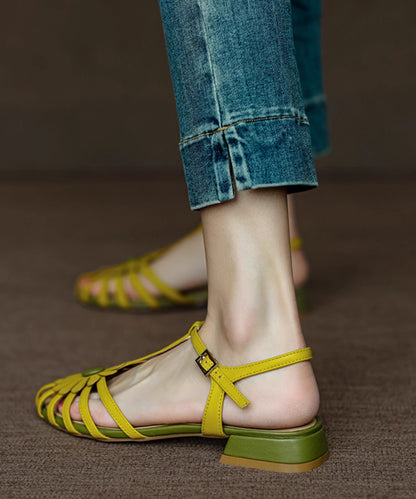 French Yellow Hollow Out Sandals Splicing Chunky