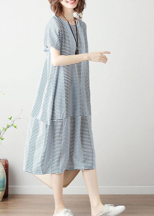 100% Light Blue Striped Cotton Long Shirts Patchwork Dresses Summer Dresses