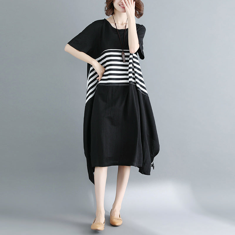 Boutique Black Cotton Knee Dress Loose Fitting Cotton Clothing Dresses Fine Short Sleeve O Neck Asymmetrical Design Knee Dresses
