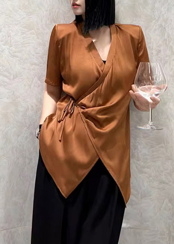 Caramel V Neck Tie Waist Shirt Short Sleeve