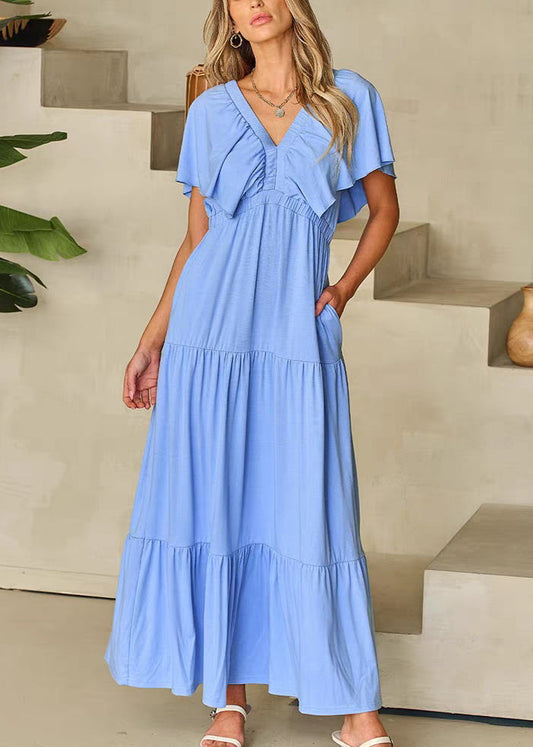 Modern Light Blue V Neck Wrinkled Long Dresses Short Sleeve