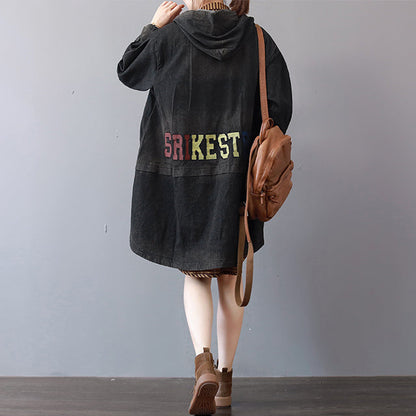 New Dark Gray Denim Coats Hooded Trench Coat Fine Low High Design Coat