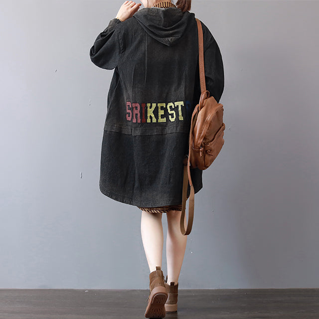 New Dark Gray Denim Coats Hooded Trench Coat Fine Low High Design Coat