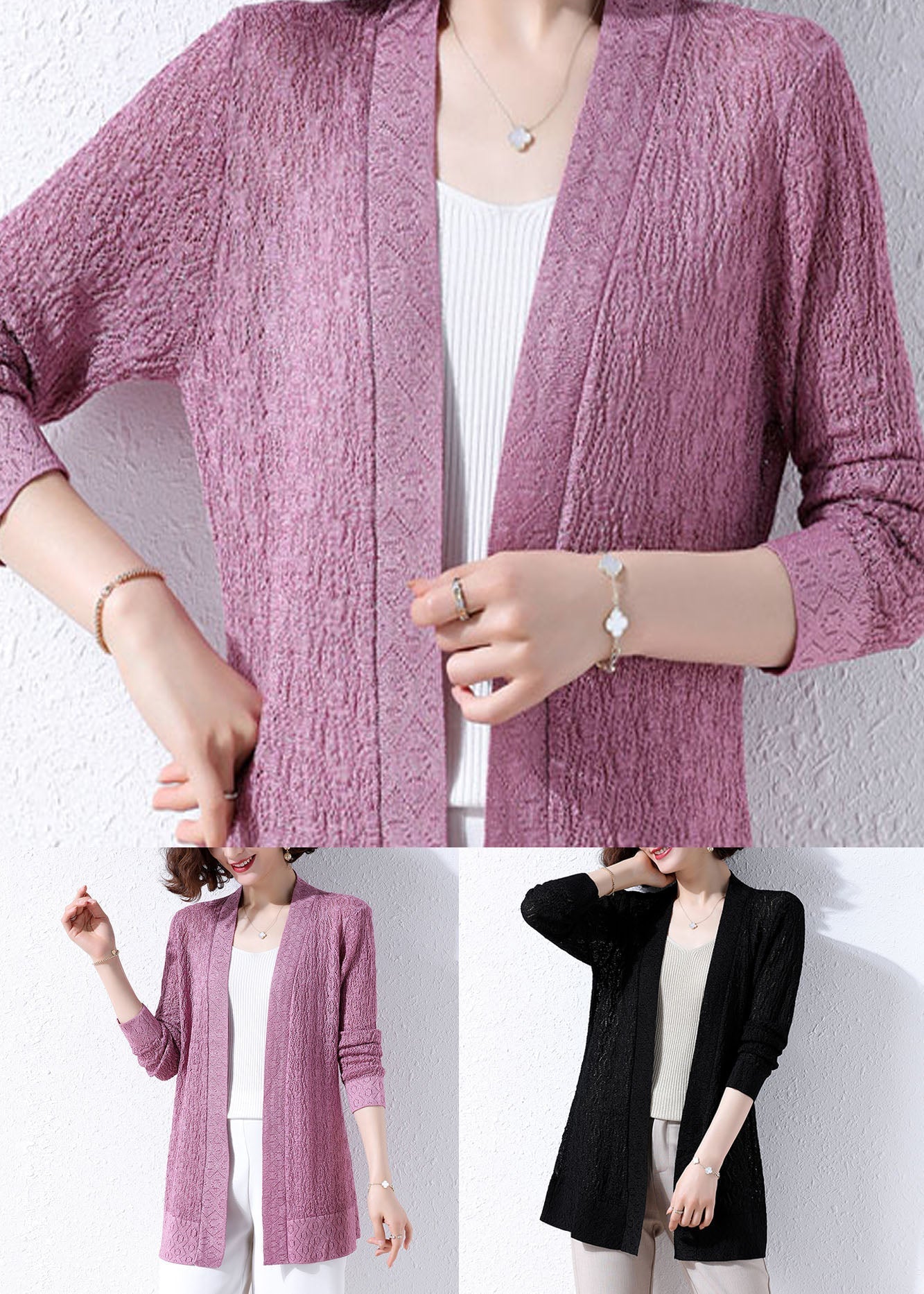 Black Patchwork Knit Cardigans Embroidered Hollow Out Fall