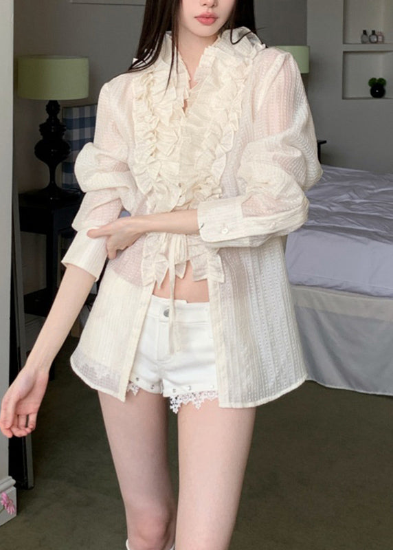 Beige Tie Waist Top Ruffled Long Sleeve
