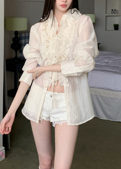Beige Tie Waist Top Ruffled Long Sleeve