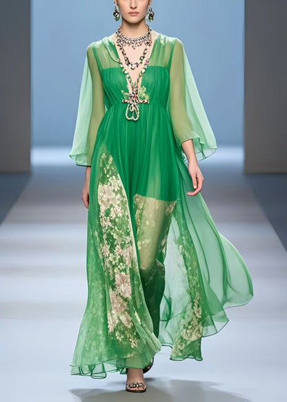 Organic Green V Neck Print Chiffon Vacation Dress Summer
