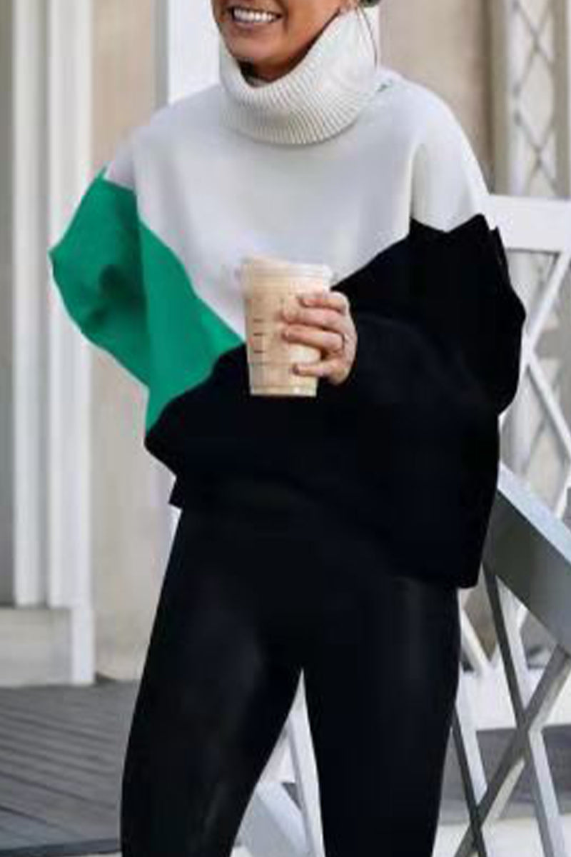 Work Color Block Patchwork Turtleneck Tops