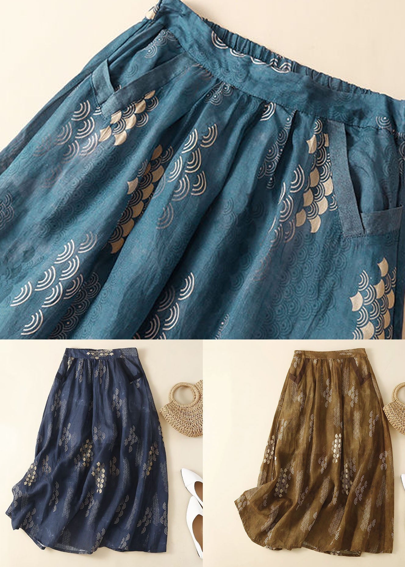 Navy Wrinkled Pockets Patchwork Linen Skirts Summer