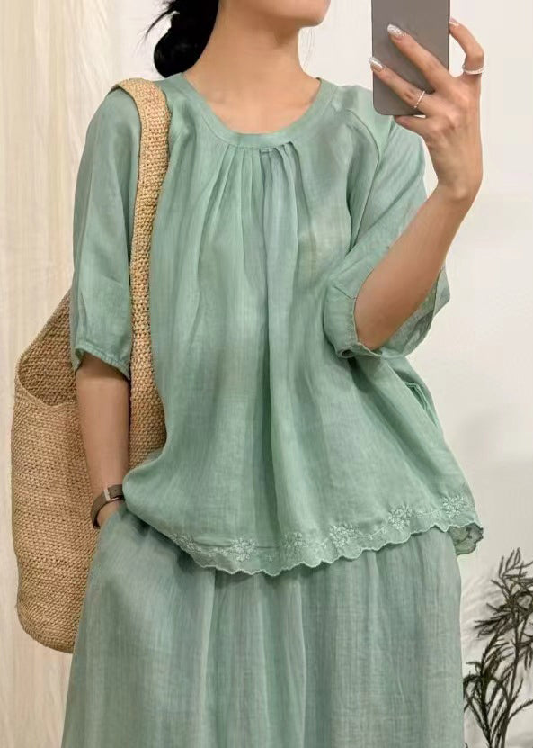 Art Green Wrinkled Lace Linen Blouse Half Sleeve