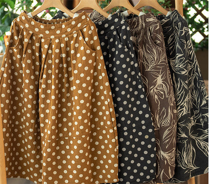 Printed Cotton and Linen Slim Elastic Waist A-line Skirt