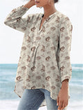 Small Woodland Wildlife Pattern Printed Women's Casual Linen V-Neck Shirt