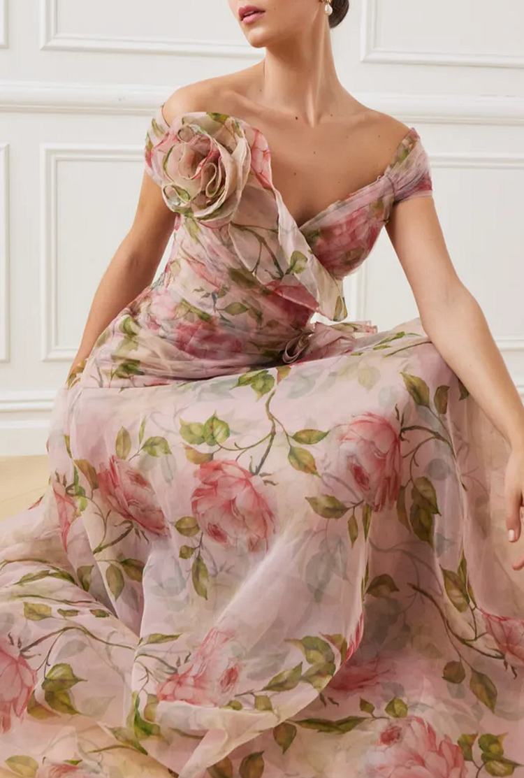 Wedding Pink Ruffled Print Organza Long Dress Summer