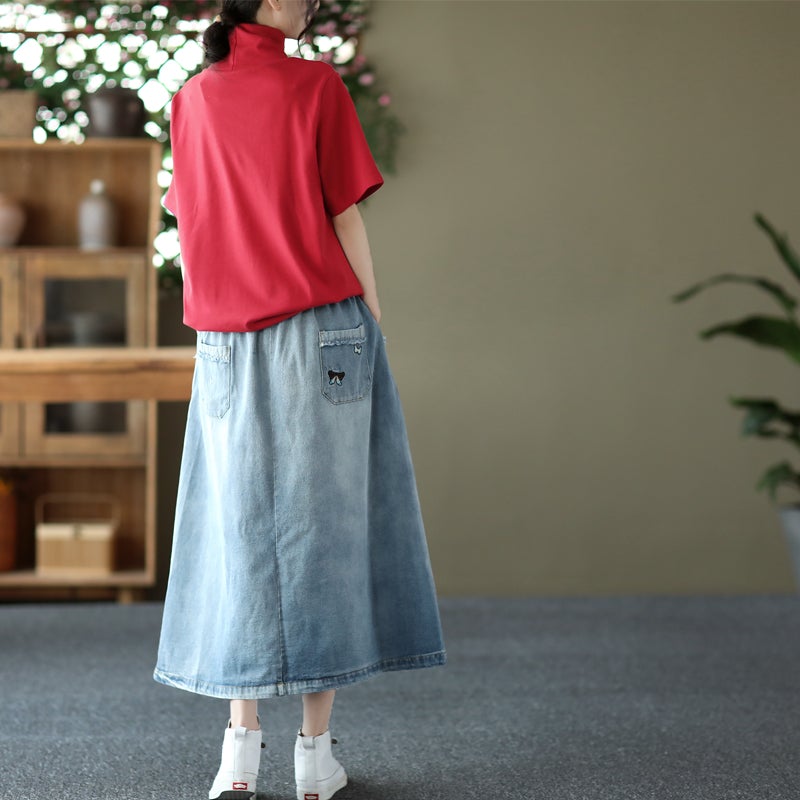Retro Loose Embroidery A-line Denim Skirt