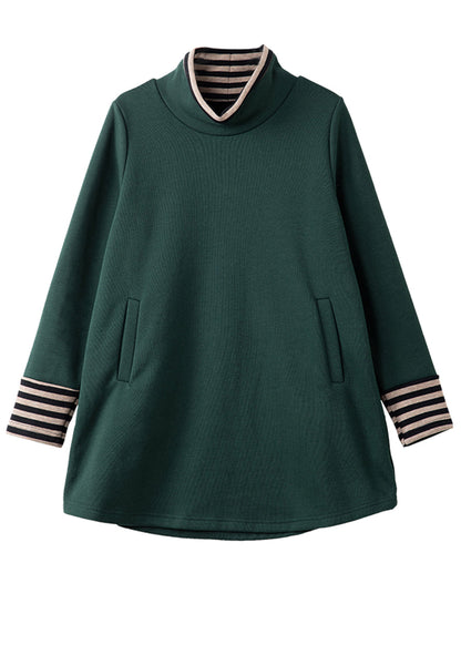 Blackish Green High Neck Patchwork Cotton Pullover Sweatshirt Spring