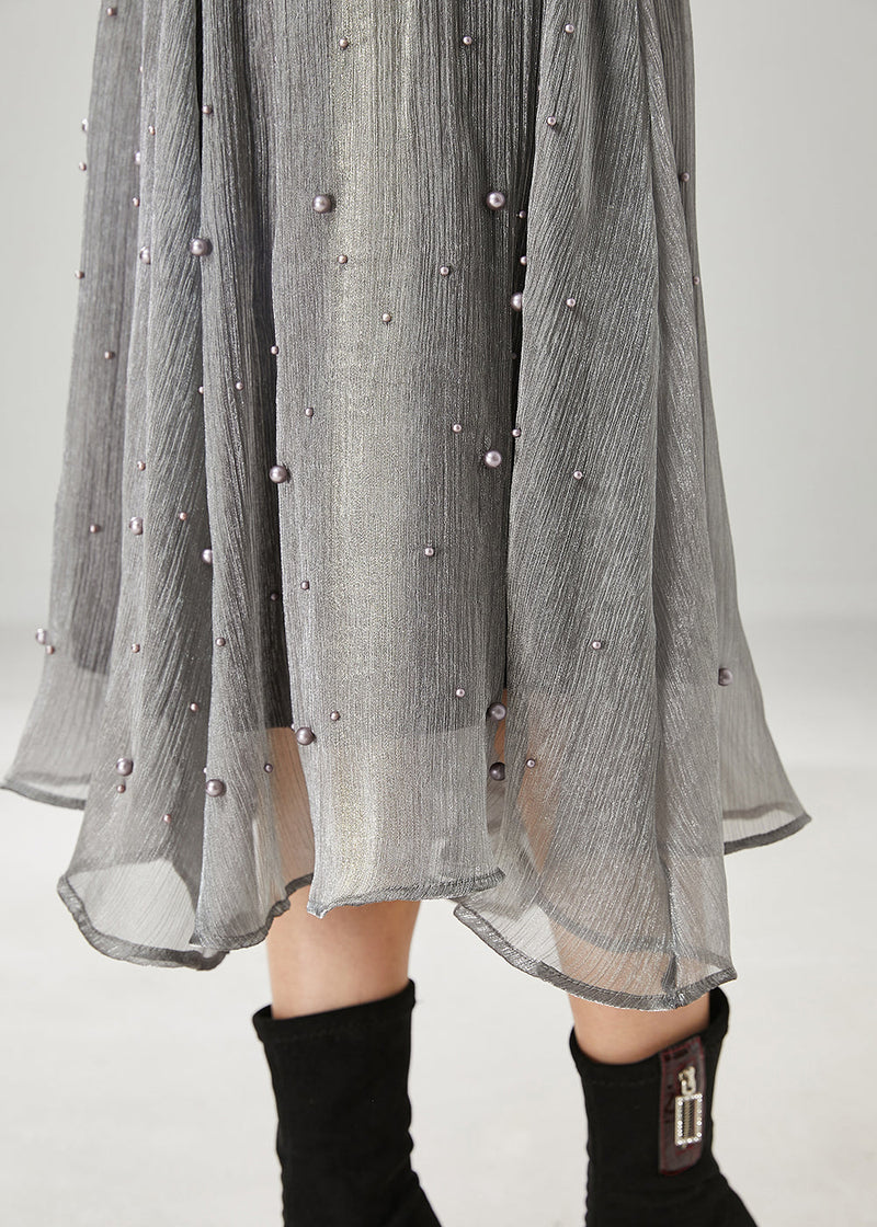 Classy Grey Nail Bead Tulle a Line Skirt Spring