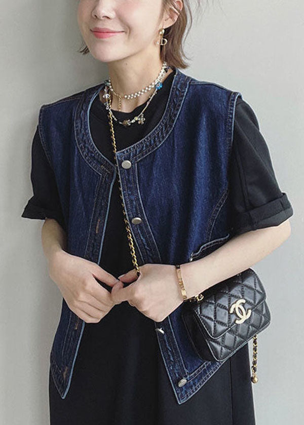 Navy O-neck Pockets Cotton Denim Vests Sleeveless