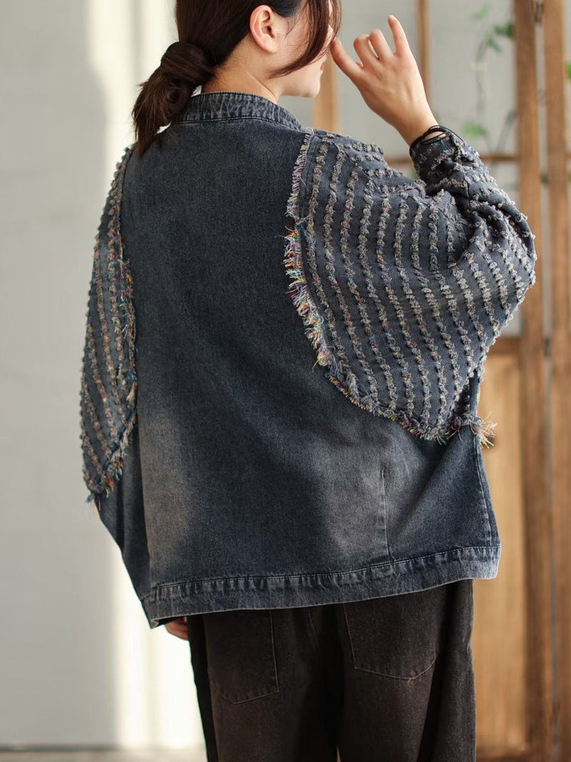 Spring Patchwork Frog Burrs Denim Coat