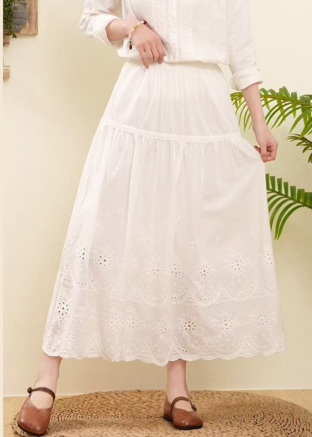 Rose Embroidered Hollow Out Cotton Skirts Summer
