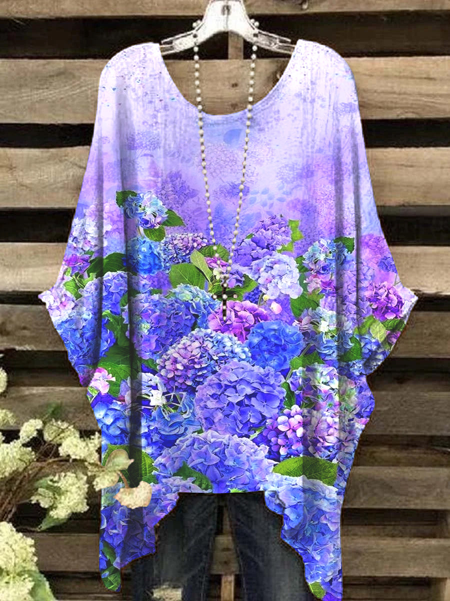 Women's Elegant Gradient Hydrangea Pattern Round Neck Top