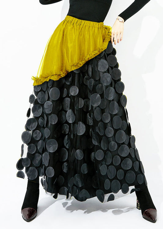 Original Design Yellow-black Dot Elastic Waist Patchwork Wrinkled Tulle Skirt Summer