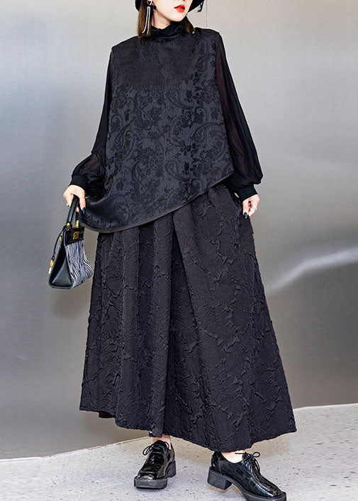 Organic Black Jacquard Asymmetrical Tops Loose Vest a Line Skirt Three Piece Outfit Spring