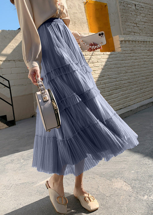 Grey Blue High Waist Wrinkled Tulle Cake Skirt Spring